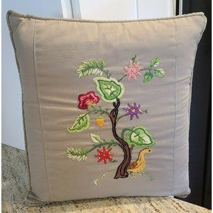 Vtg Floral Throw Pillow Embroidered Birds Shabby Chic Cottage Country 15x15"